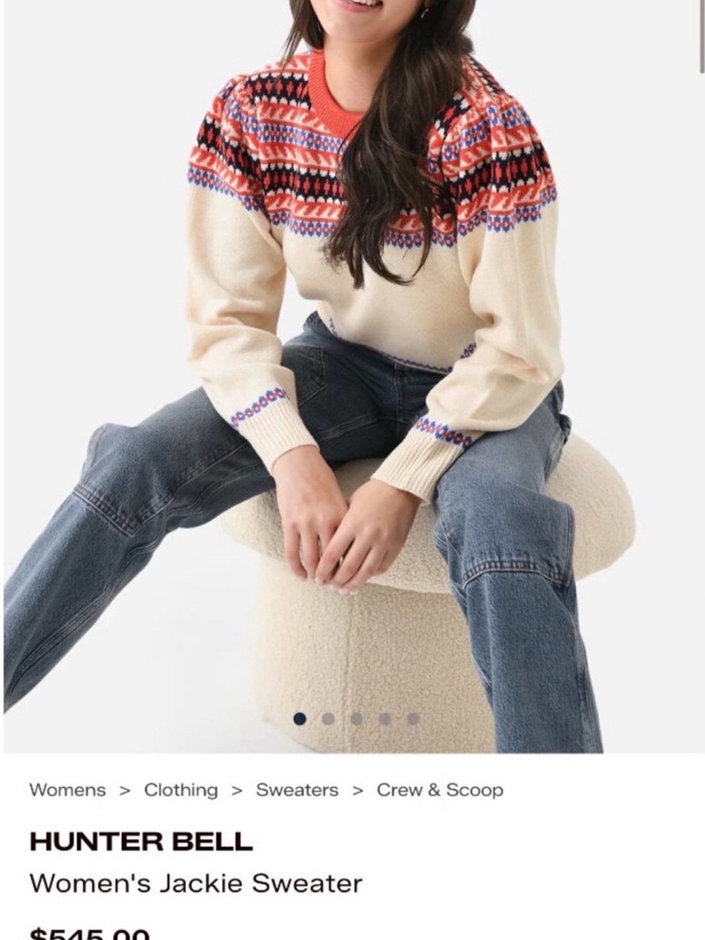 Hunter Bell Jackie Fair Isle Wool Blend Crewneck Sweater Cream Puff Shoulder XS - Picture 4 of 13